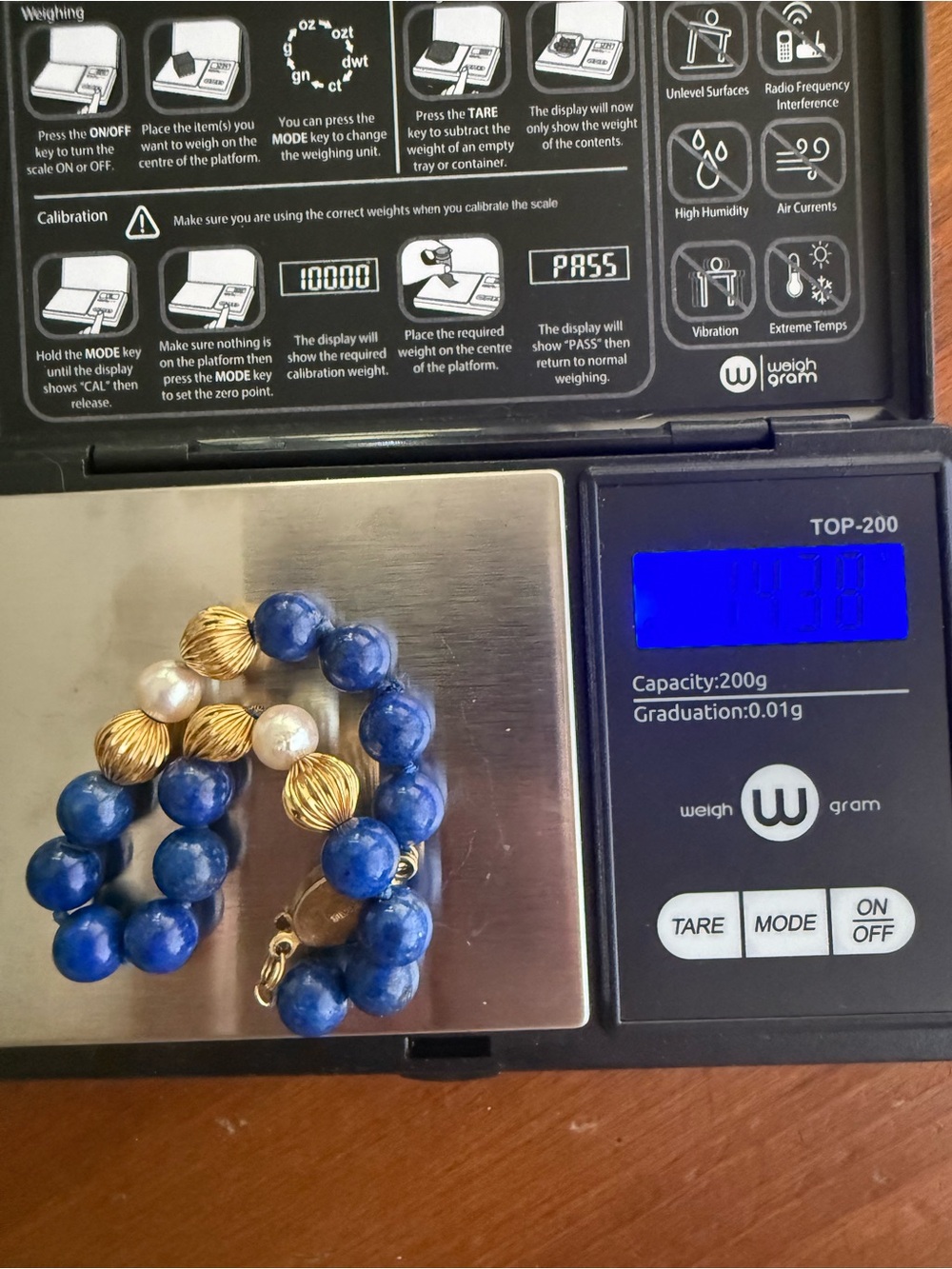 14K Yellow Gold beads, Lapis, Pearl, and Silver clasp Bracelet